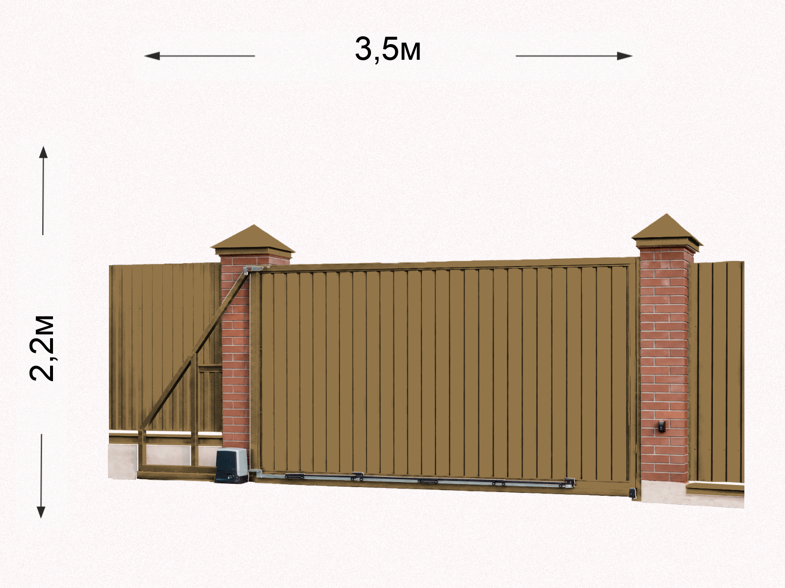 Откатные ворота на кирпичных столбах 2,2×3,5 м